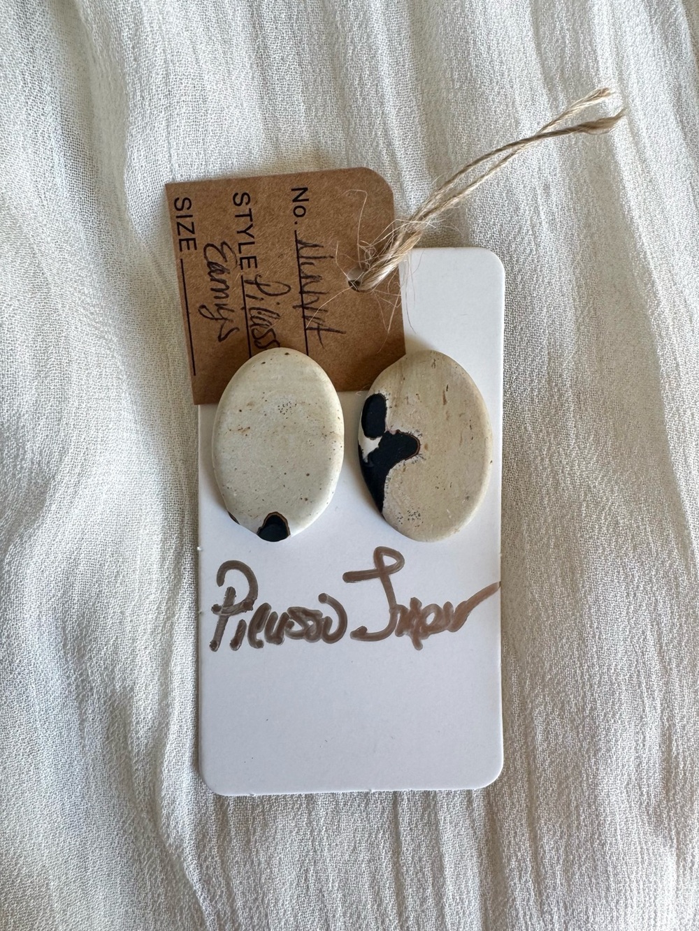 Neutral Cream Oval Stud Picasso Jasper Stone Earrings with Abstract Black Accent